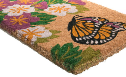 18" X 30" Brown and White Coir Floral Outdoor Door Mat