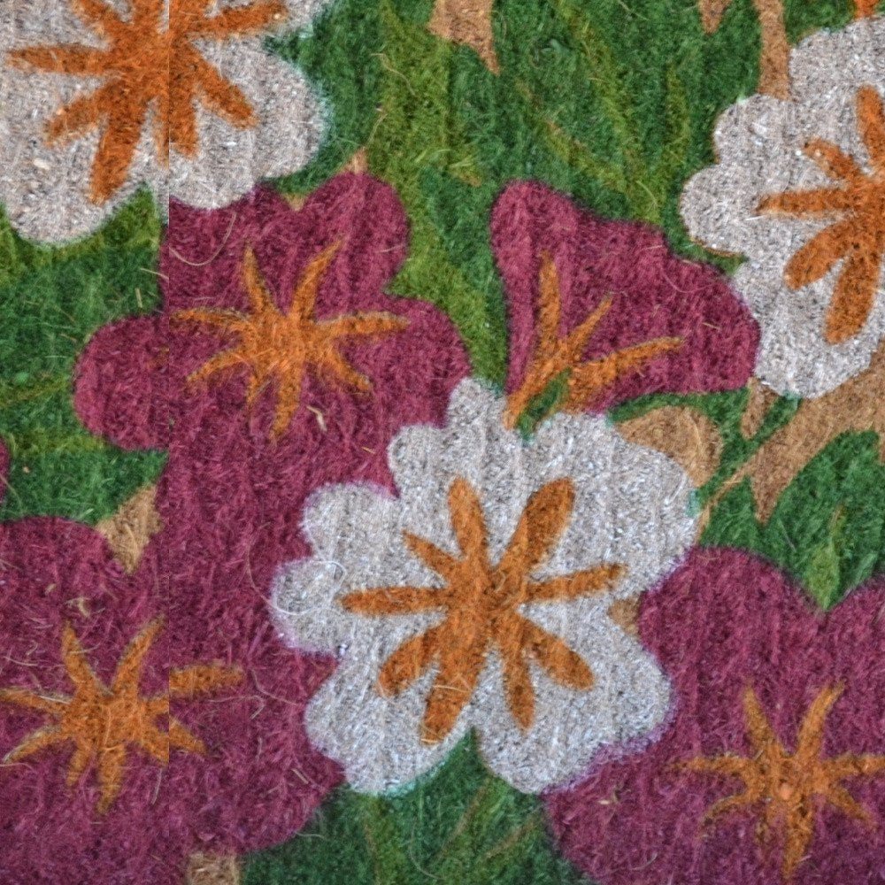 18" X 30" Brown and White Coir Floral Outdoor Door Mat