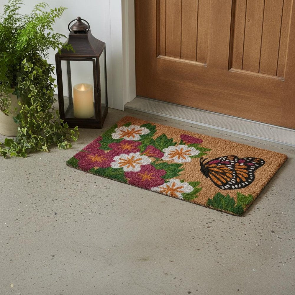 18" X 30" Brown and White Coir Floral Outdoor Door Mat