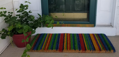 18" X 30" Blue and Green Coir Striped Outdoor Door Mat