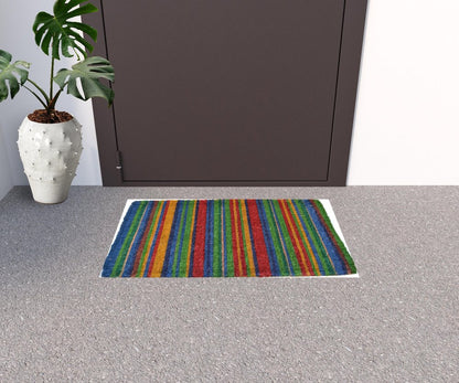 18" X 30" Blue and Green Coir Striped Outdoor Door Mat