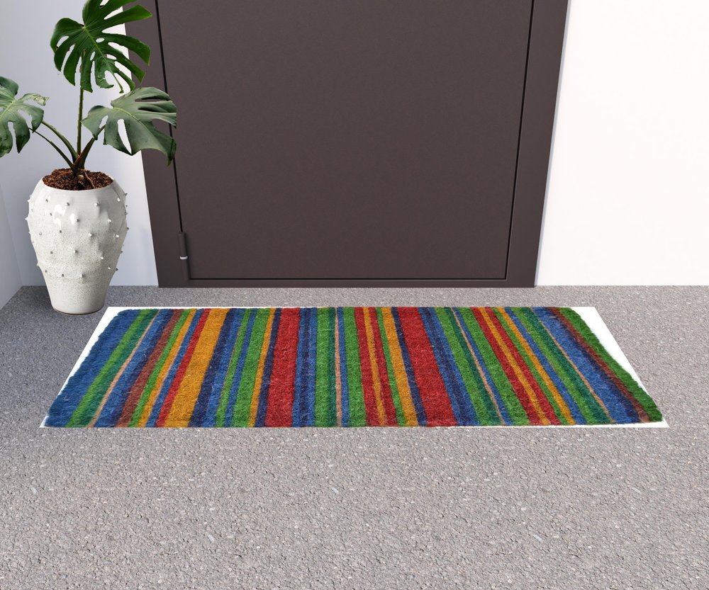18" X 47" Blue and Green Coir Striped Outdoor Door Mat