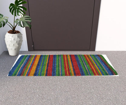 18" X 47" Blue and Green Coir Striped Outdoor Door Mat