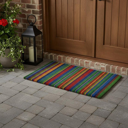 18" X 47" Blue and Green Coir Striped Outdoor Door Mat