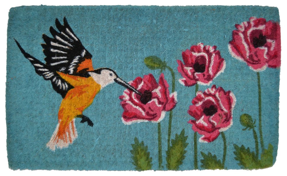 18" X 30" Blue Orange and Green Coir Hummingbird Outdoor Door Mat