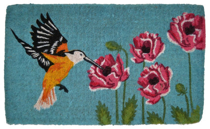18" X 30" Blue Orange and Green Coir Hummingbird Outdoor Door Mat