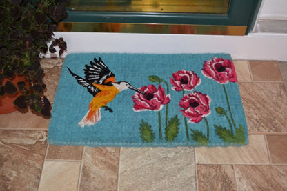 18" X 30" Blue Orange and Green Coir Hummingbird Outdoor Door Mat
