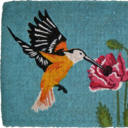 18" X 30" Blue Orange and Green Coir Hummingbird Outdoor Door Mat