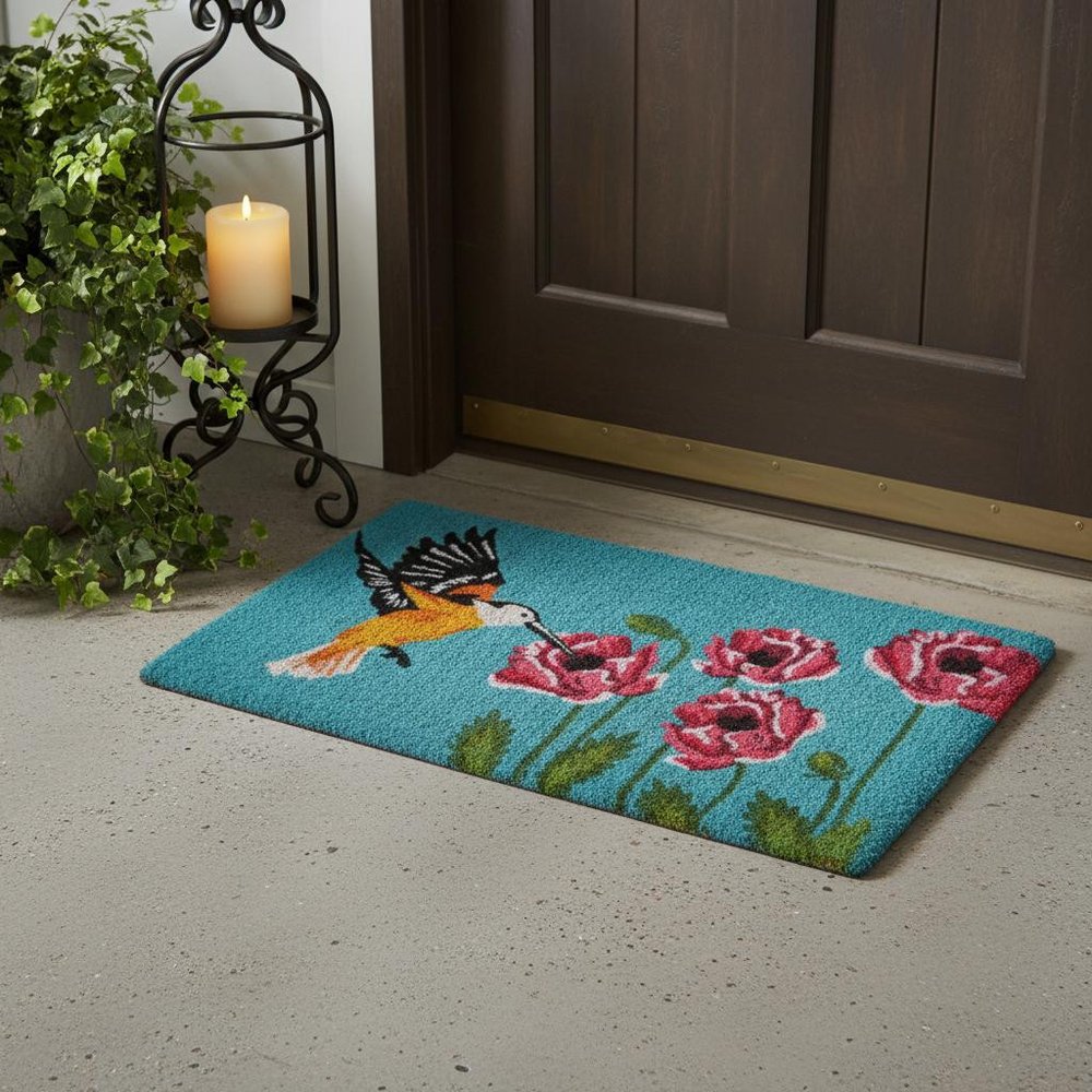 18" X 30" Blue Orange and Green Coir Hummingbird Outdoor Door Mat