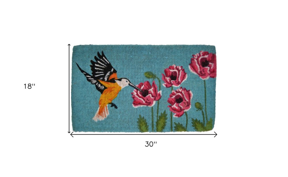 18" X 30" Blue Orange and Green Coir Hummingbird Outdoor Door Mat