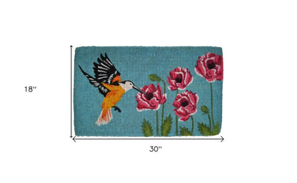 18" X 30" Blue Orange and Green Coir Hummingbird Outdoor Door Mat