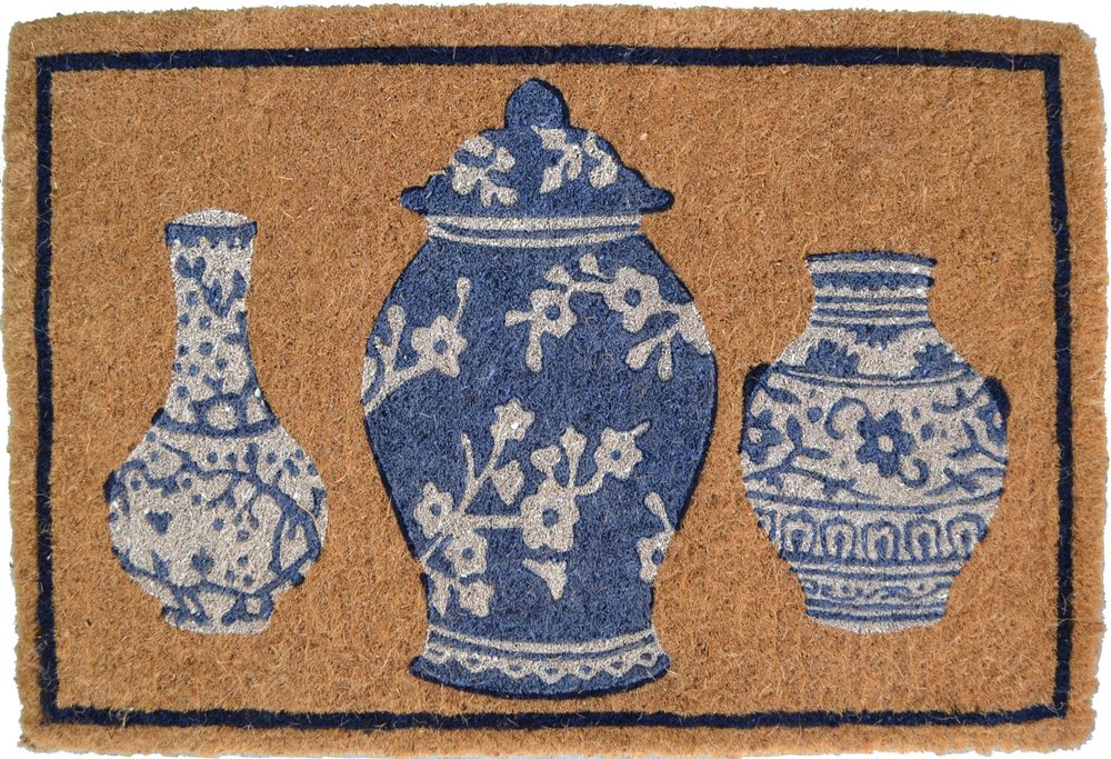 20" X 30" Brown Blue And White Chinoiserie Coir Abstract Outdoor Door Mat