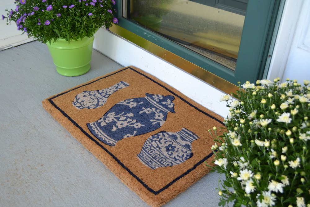 20" X 30" Brown Blue And White Chinoiserie Coir Abstract Outdoor Door Mat