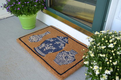 20" X 30" Brown Blue And White Chinoiserie Coir Abstract Outdoor Door Mat
