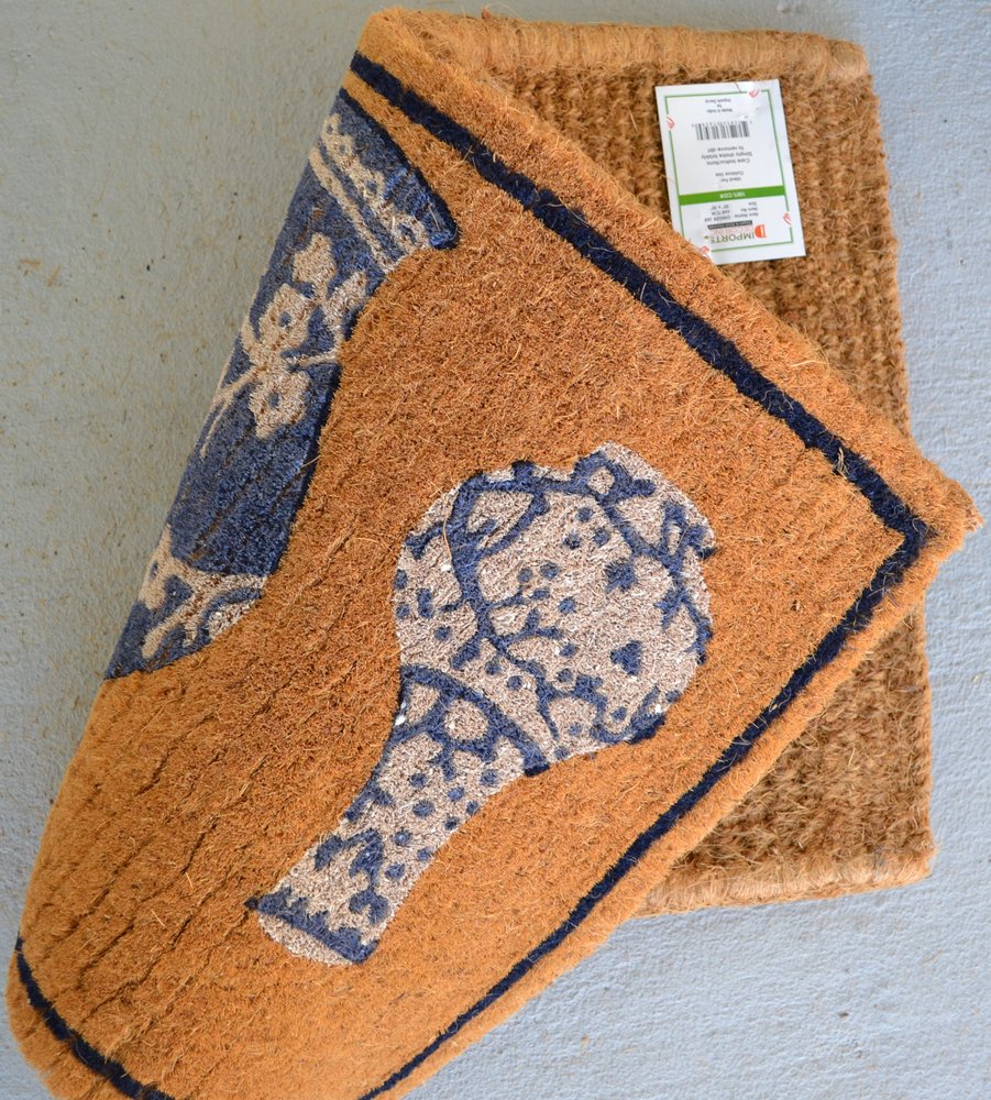 20" X 30" Brown Blue And White Chinoiserie Coir Abstract Outdoor Door Mat