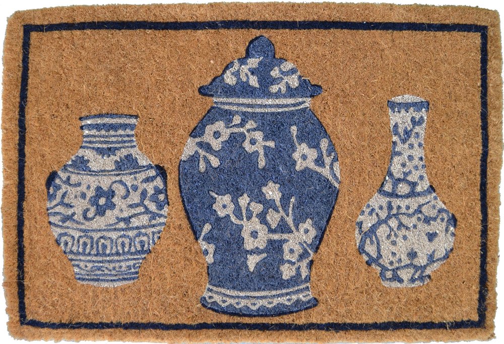 20" X 30" Brown Blue And White Chinoiserie Coir Abstract Outdoor Door Mat