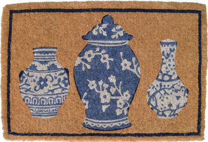 20" X 30" Brown Blue And White Chinoiserie Coir Abstract Outdoor Door Mat