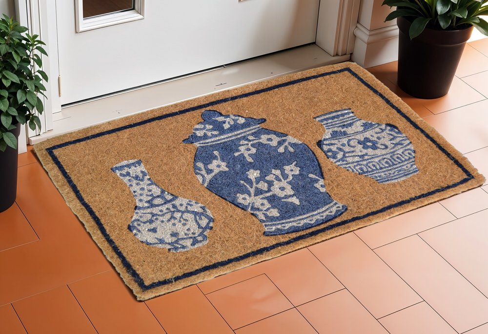 20" X 30" Brown Blue And White Chinoiserie Coir Abstract Outdoor Door Mat