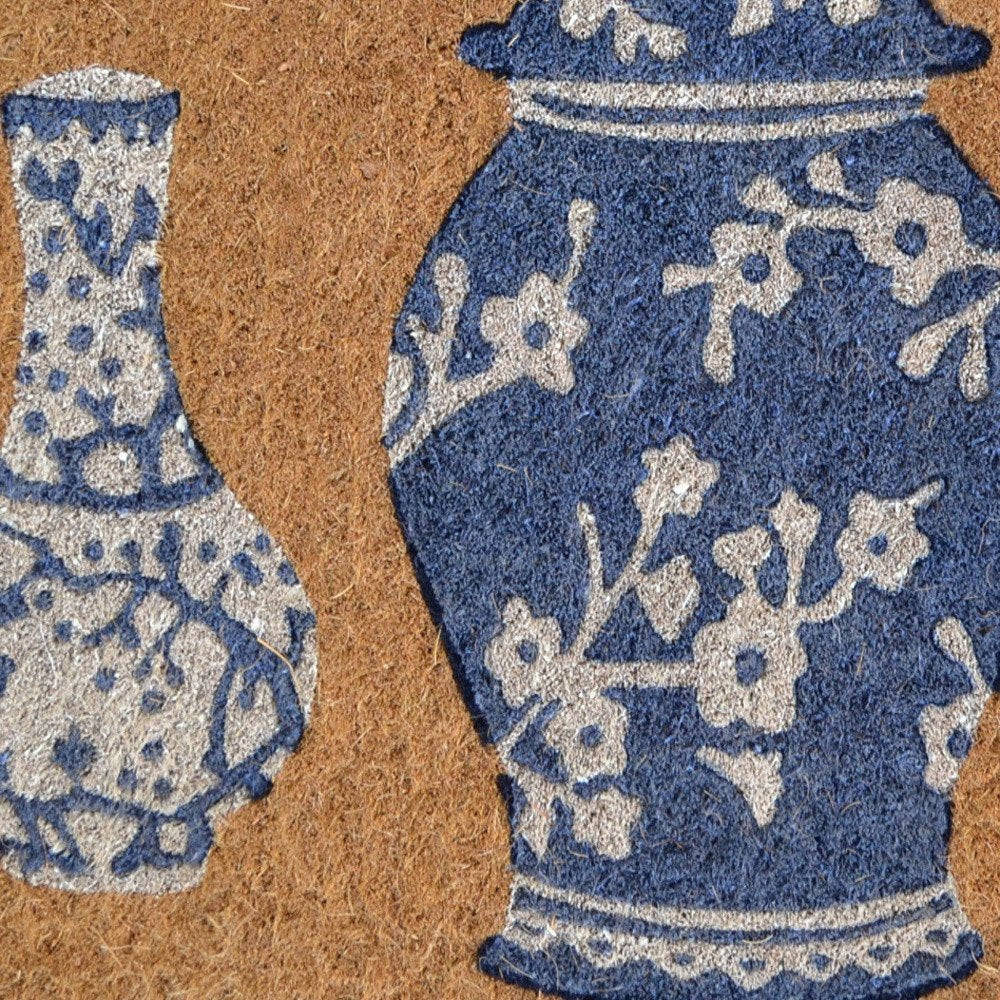 20" X 30" Brown Blue And White Chinoiserie Coir Abstract Outdoor Door Mat