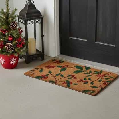 18" X 30" Brown and Green Coir Holiday Outdoor Christmas Door Mat