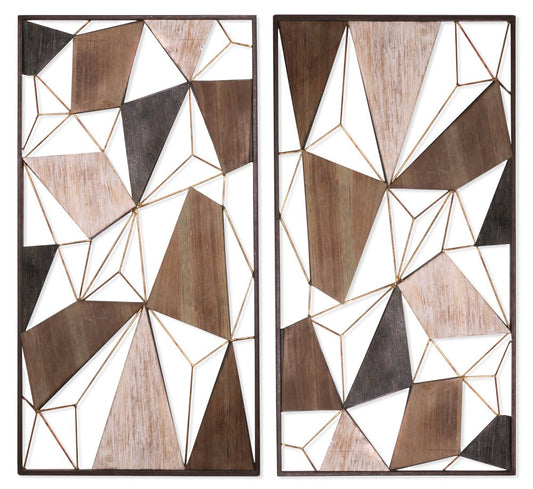 Set of Two Brown and Gold Geometric Wood and Metal Hanging Dimensional Sculptures