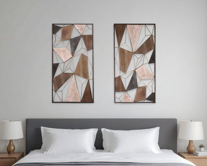 Set of Two Brown and Gold Geometric Wood and Metal Hanging Dimensional Sculptures