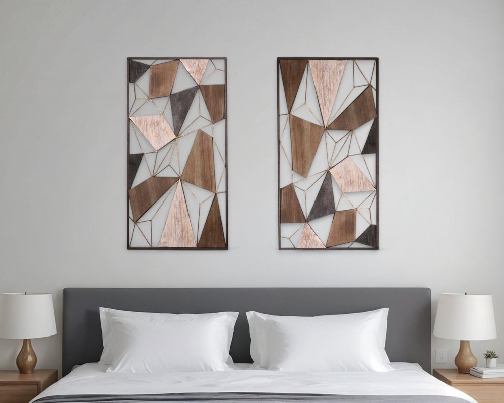 Set of Two Brown and Gold Geometric Wood and Metal Hanging Dimensional Sculptures