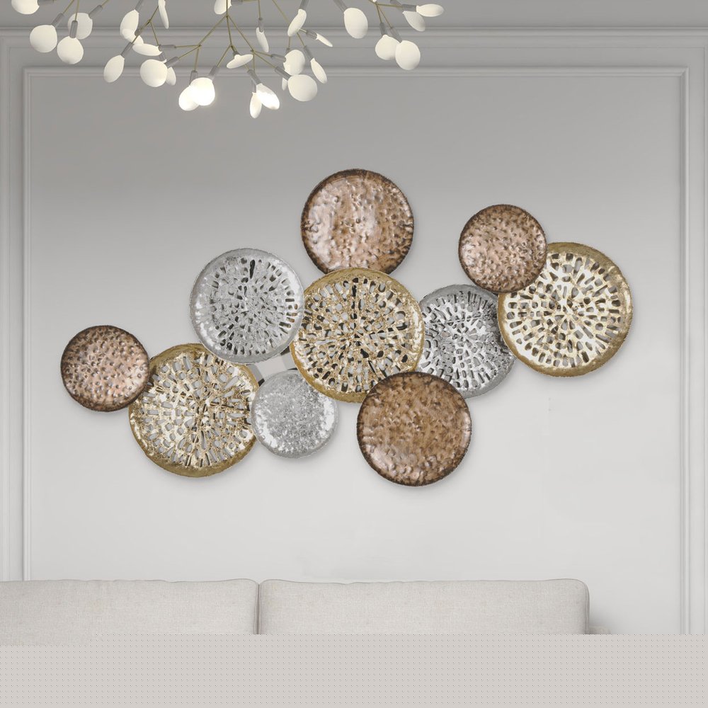 33" X 60" Bronze Gold and Silver Metal Round Disc Hanging Dimensional Sculpture