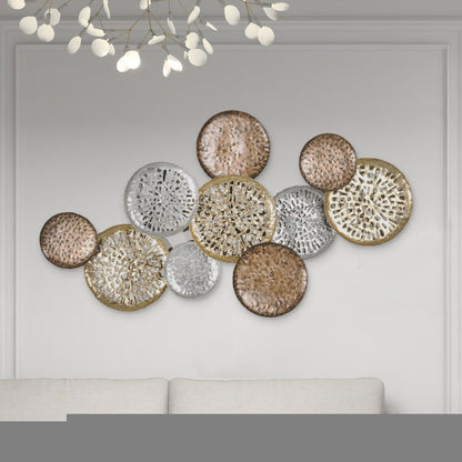 33" X 60" Bronze Gold and Silver Metal Round Disc Hanging Dimensional Sculpture