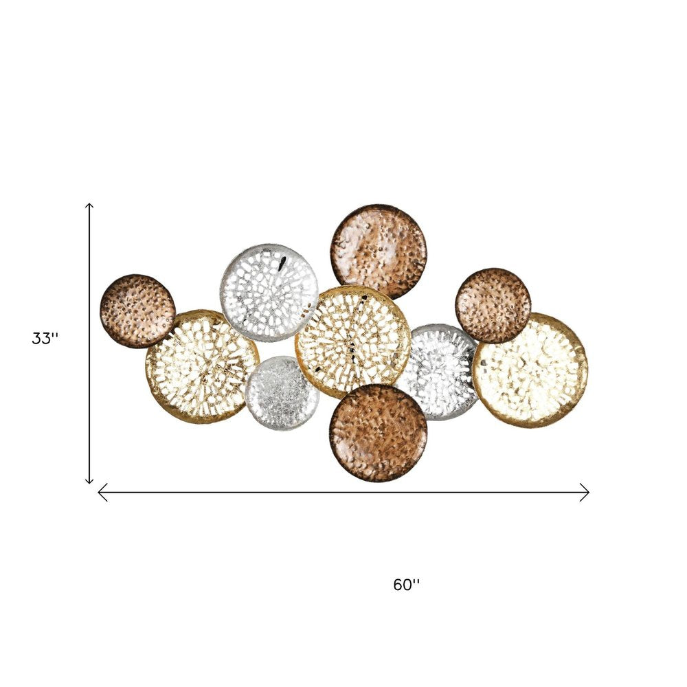 33" X 60" Bronze Gold and Silver Metal Round Disc Hanging Dimensional Sculpture