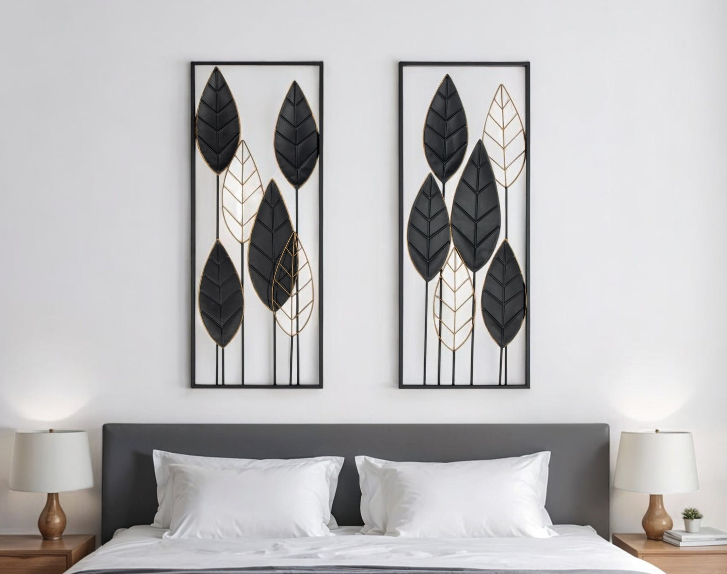 Set of Two Black and Gold Metal Hanging Dimensional Sculpture