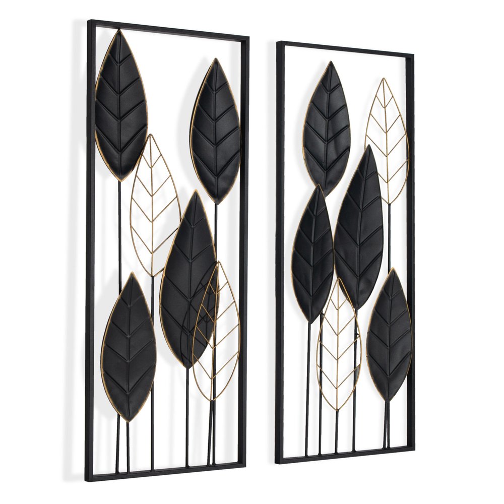 Set of Two Black and Gold Metal Hanging Dimensional Sculpture