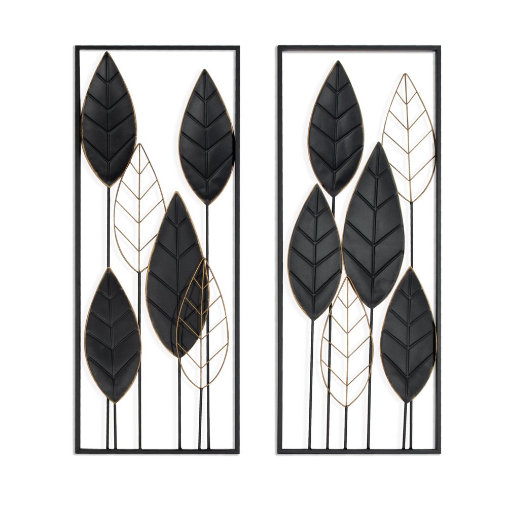 Set of Two Black and Gold Metal Hanging Dimensional Sculpture