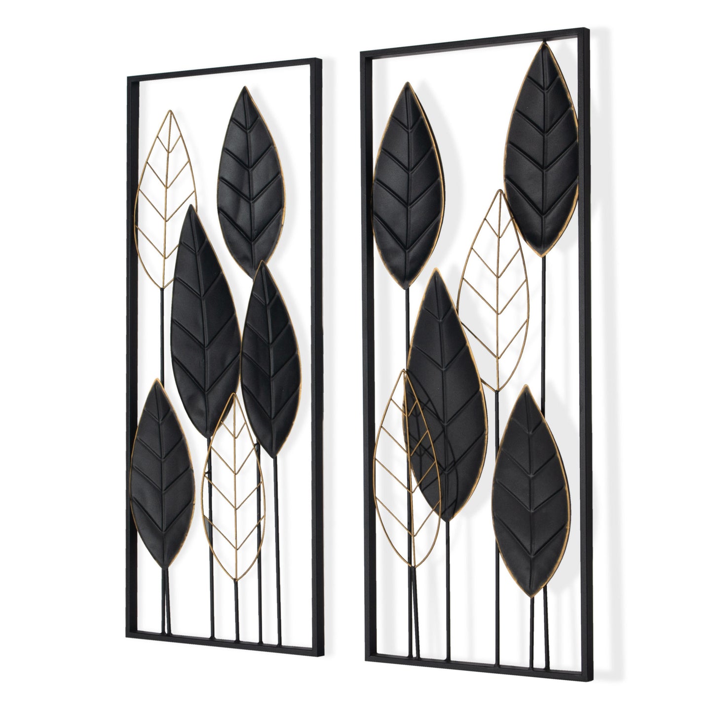 Set of Two Black and Gold Metal Hanging Dimensional Sculpture