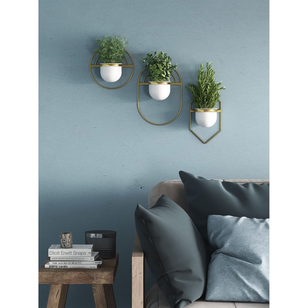 Set of Three Gold And White Metal 10 Ounce Wall Planters