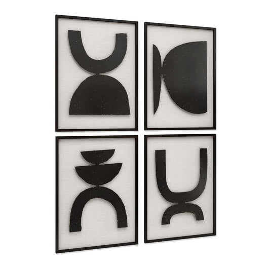 Set of Four Black And White Metal Modern Abstract Geometric Shapes Framed Art
