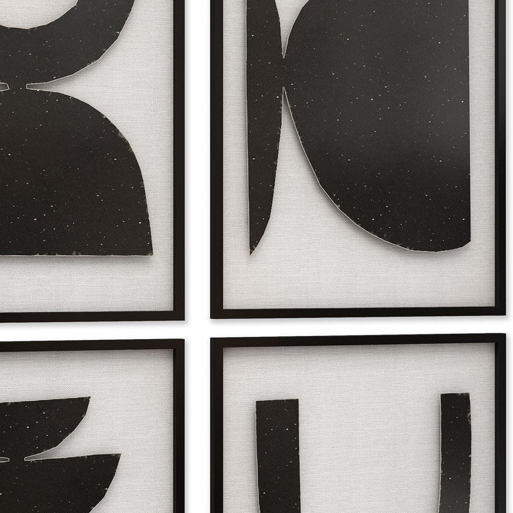Set of Four Black And White Metal Modern Abstract Geometric Shapes Framed Art