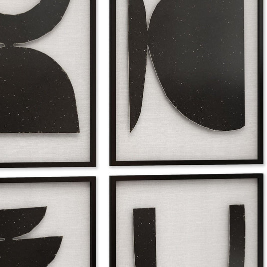 Set of Four Black And White Metal Modern Abstract Geometric Shapes Framed Art