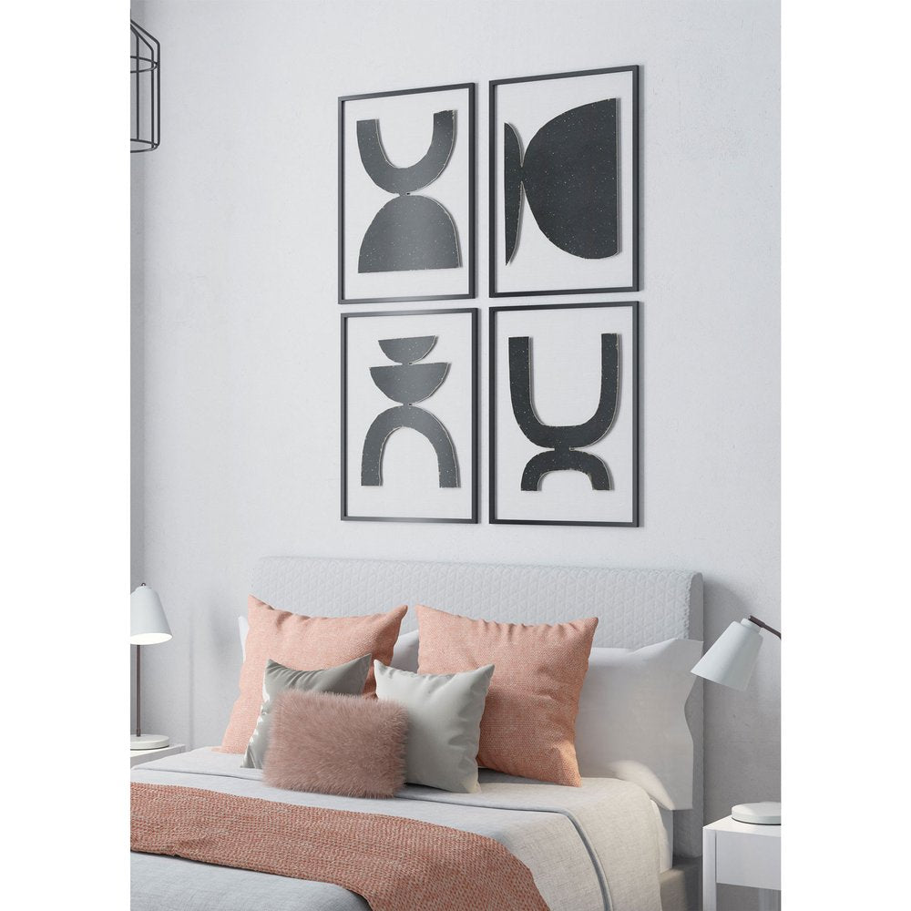 Set of Four Black And White Metal Modern Abstract Geometric Shapes Framed Art