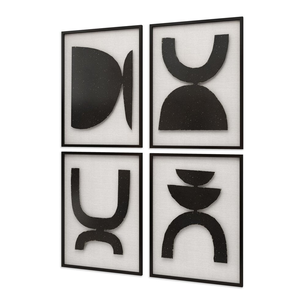 Set of Four Black And White Metal Modern Abstract Geometric Shapes Framed Art