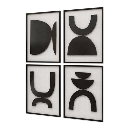 Set of Four Black And White Metal Modern Abstract Geometric Shapes Framed Art