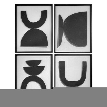Set of Four Black And White Metal Modern Abstract Geometric Shapes Framed Art