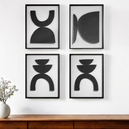 Set of Four Black And White Metal Modern Abstract Geometric Shapes Framed Art