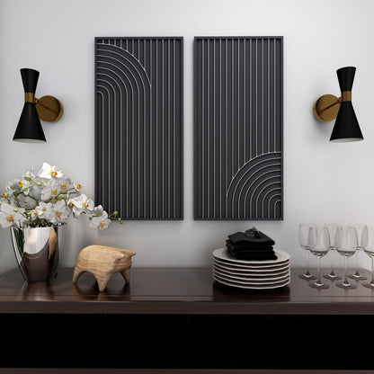 Set of Two Black Metal Abstract Hanging Dimensional Sculptures