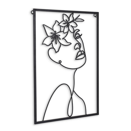 20" X 14" Black Metal Abstract Female Face Hanging Dimensional Sculpture