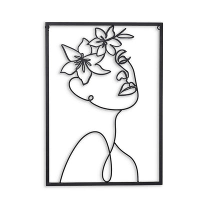 20" X 14" Black Metal Abstract Female Face Hanging Dimensional Sculpture