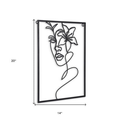 20" X 14" Black Metal Abstract Female Face Hanging Dimensional Sculpture