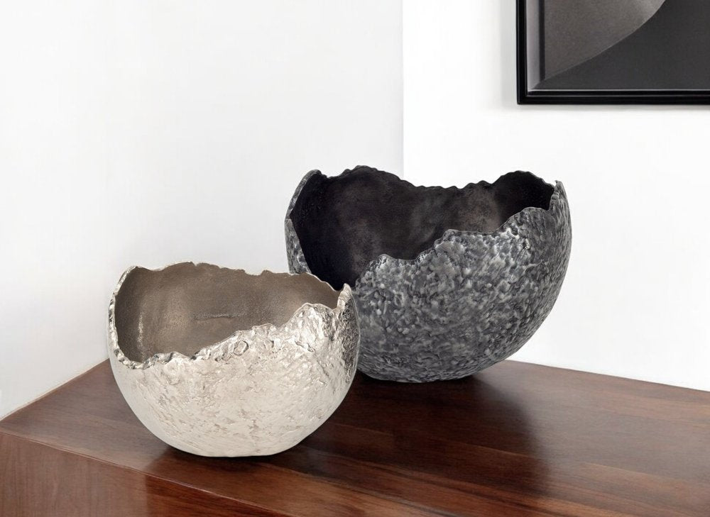 Set of Two Gray And Silver Aluminum Decorative Bowls