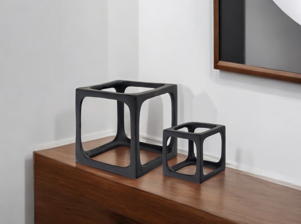 Set of Two Black Aluminum Cube Tabletop Sculptures