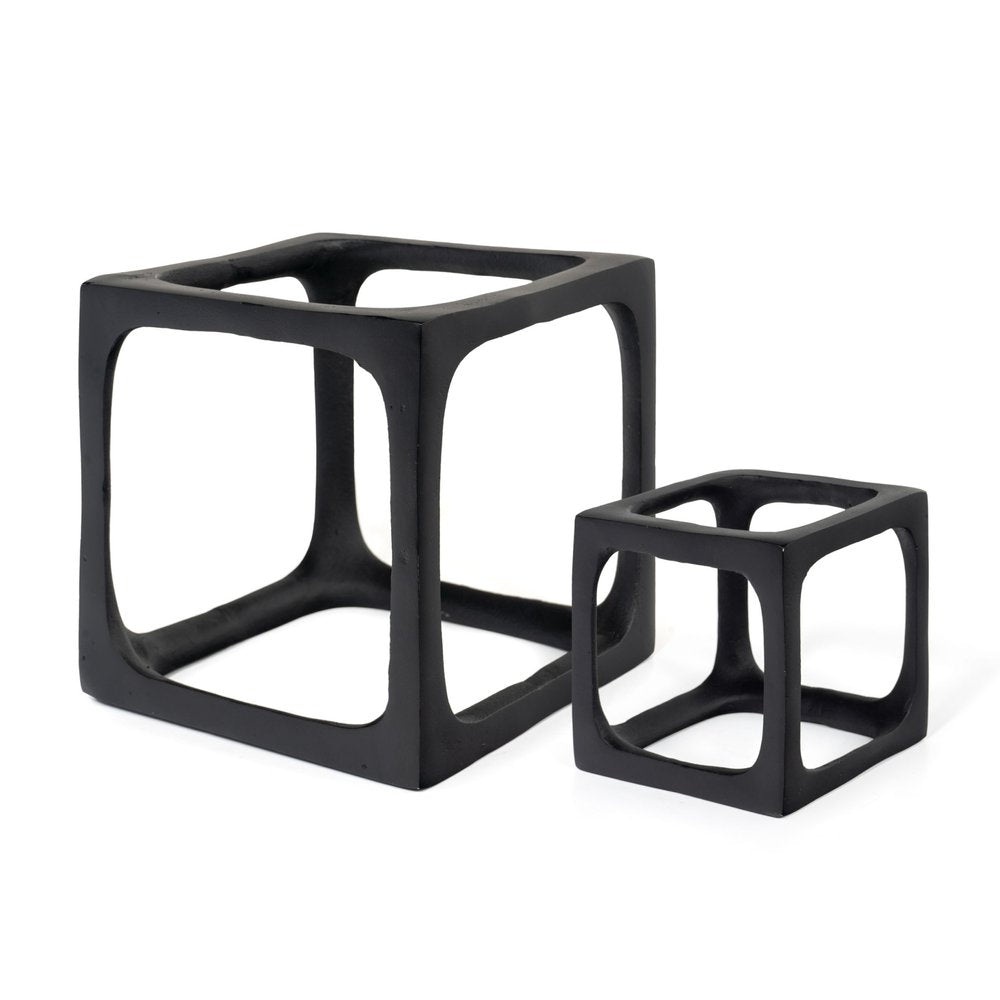 Set of Two Black Aluminum Cube Tabletop Sculptures